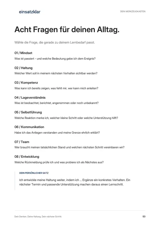 Workbook-Seite: Werkzeugkasten mit Leitfragen für den Alltag